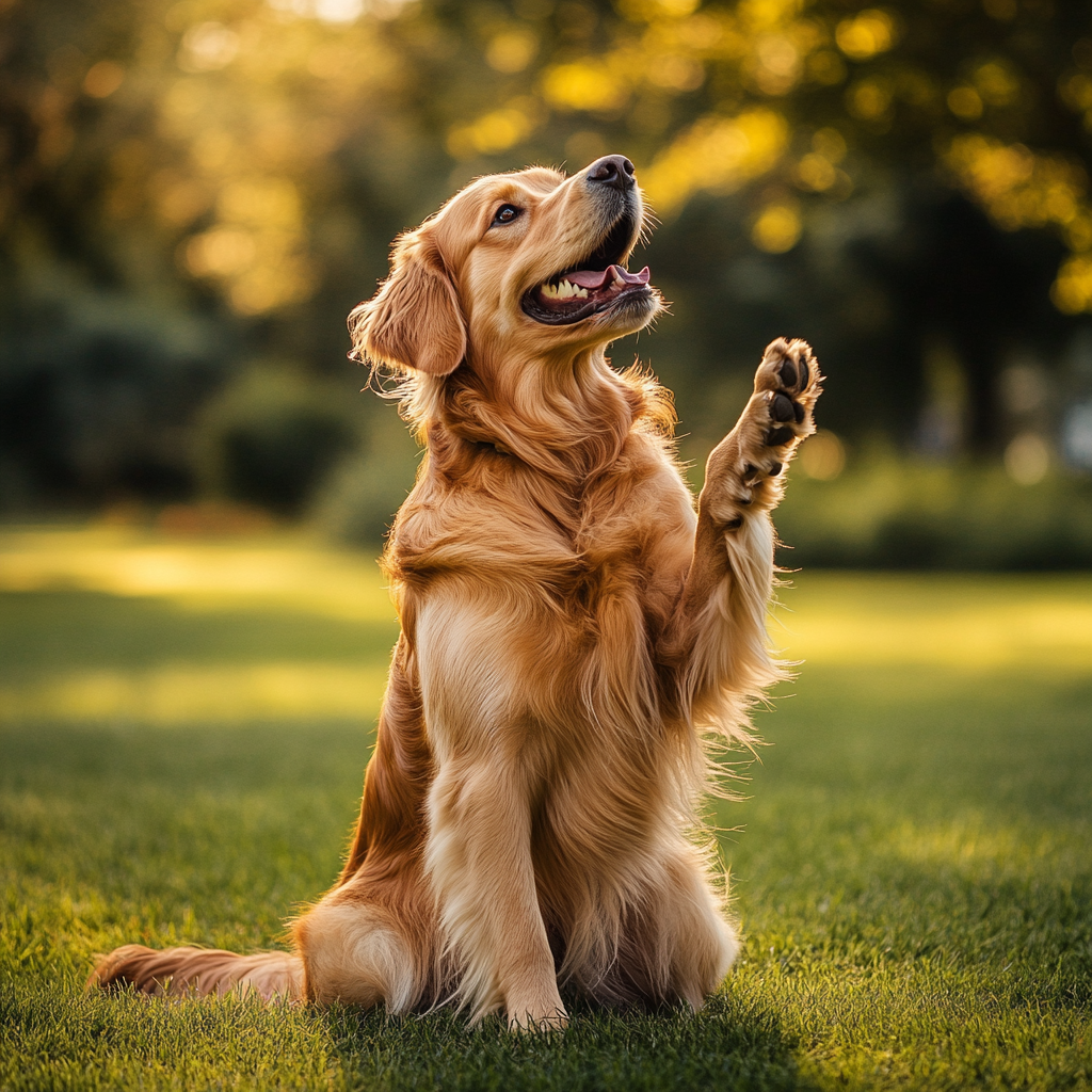 Golden retriever on grass looks happy, fluffy fur. Bright light, high-definition texture.