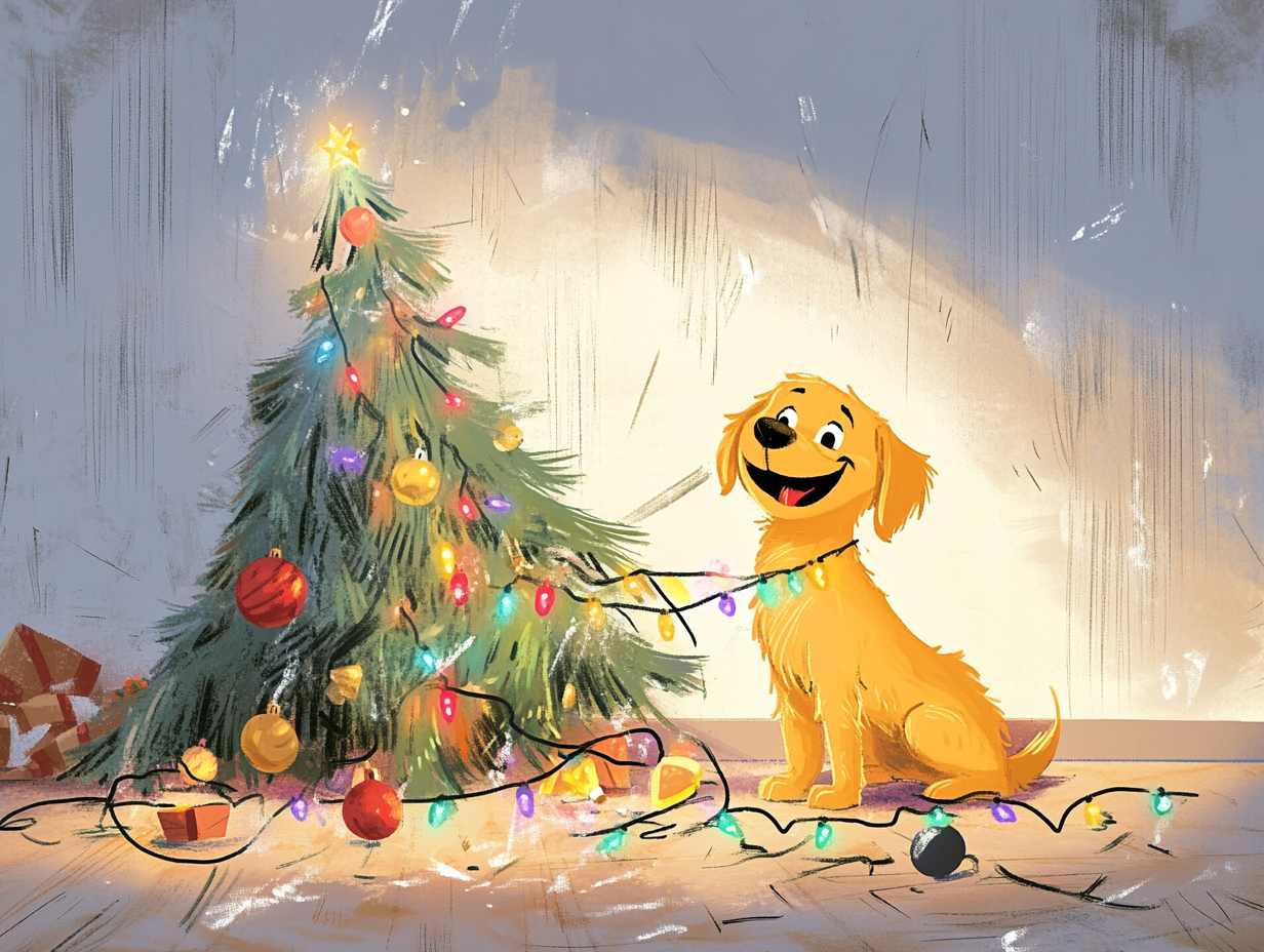 Golden retriever puppy tangled in Christmas lights near toppled tree.