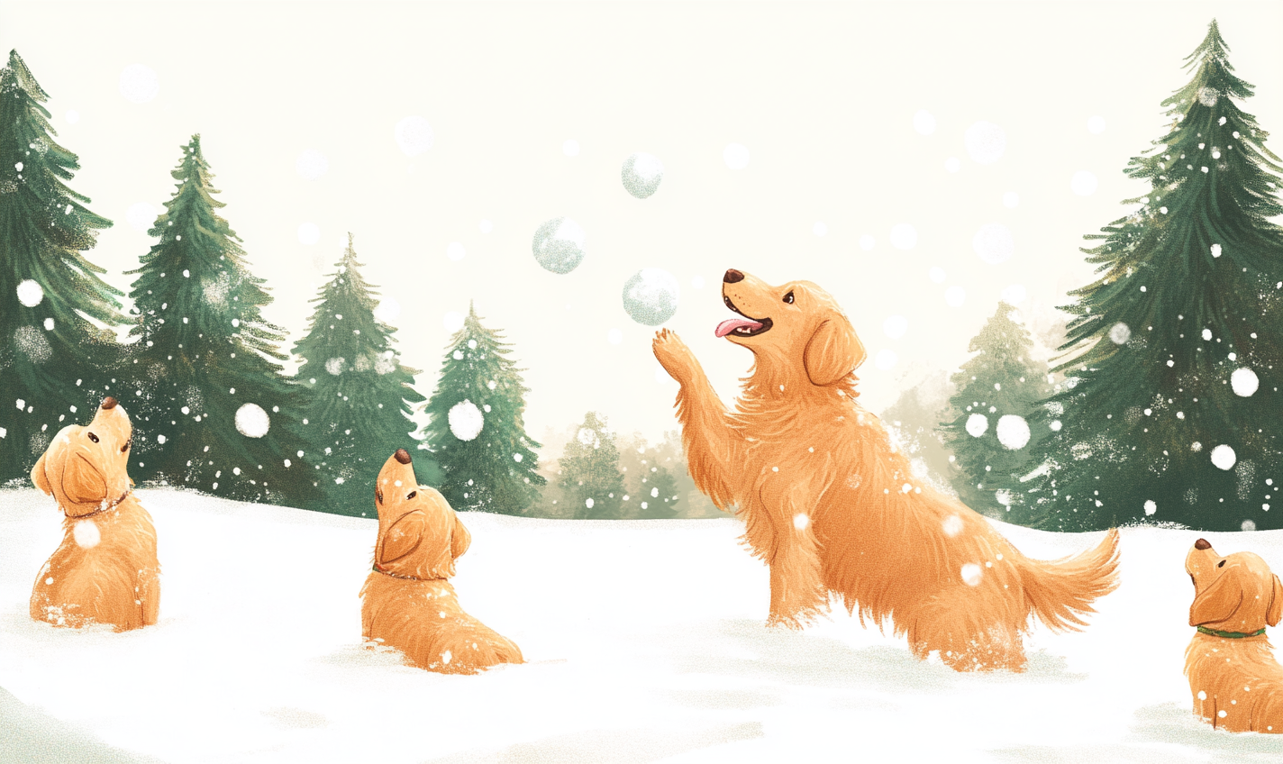 Golden retriever pups in snowball fight, Christmas fun.