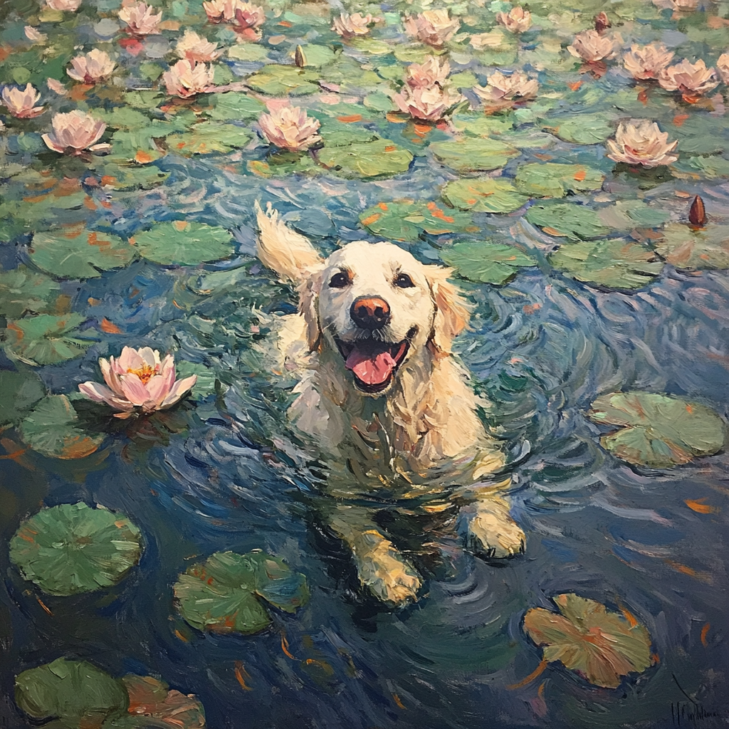 Golden retriever swimming in Monet's water lilies pond.