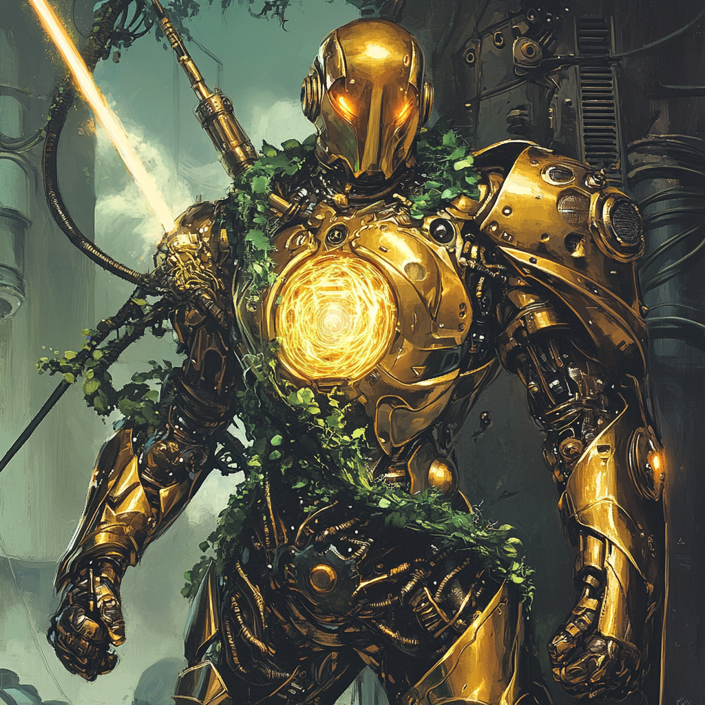 Golden robot with vines and plasma sword- A masterpiece!