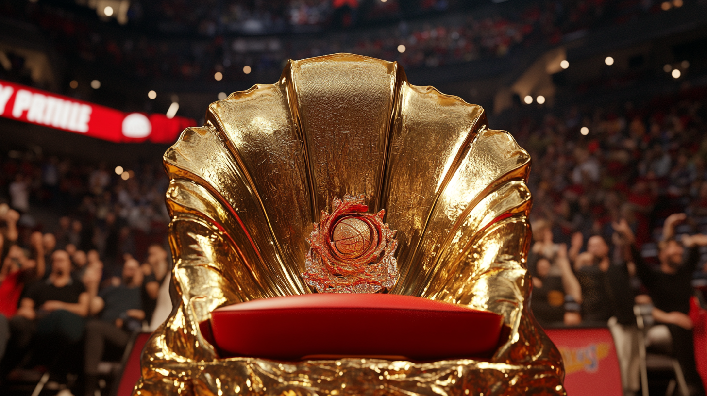 Golden seat shines at basketball game with cheering fans.