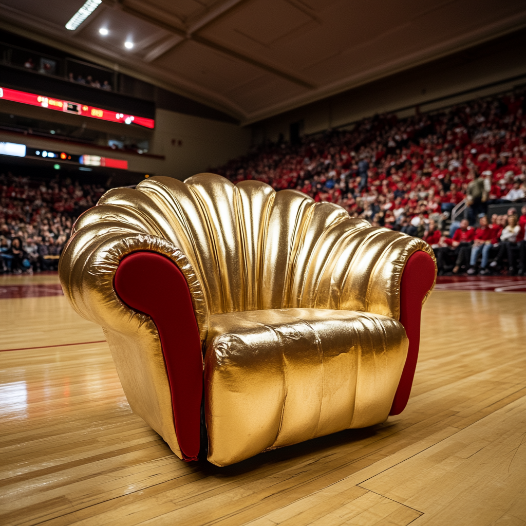 Golden shell chair near basketball court with cheering fans.