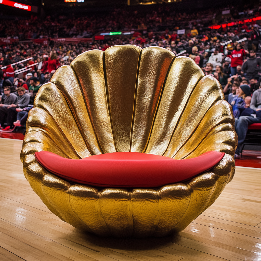 Golden shell seat at basketball game cheers fans.