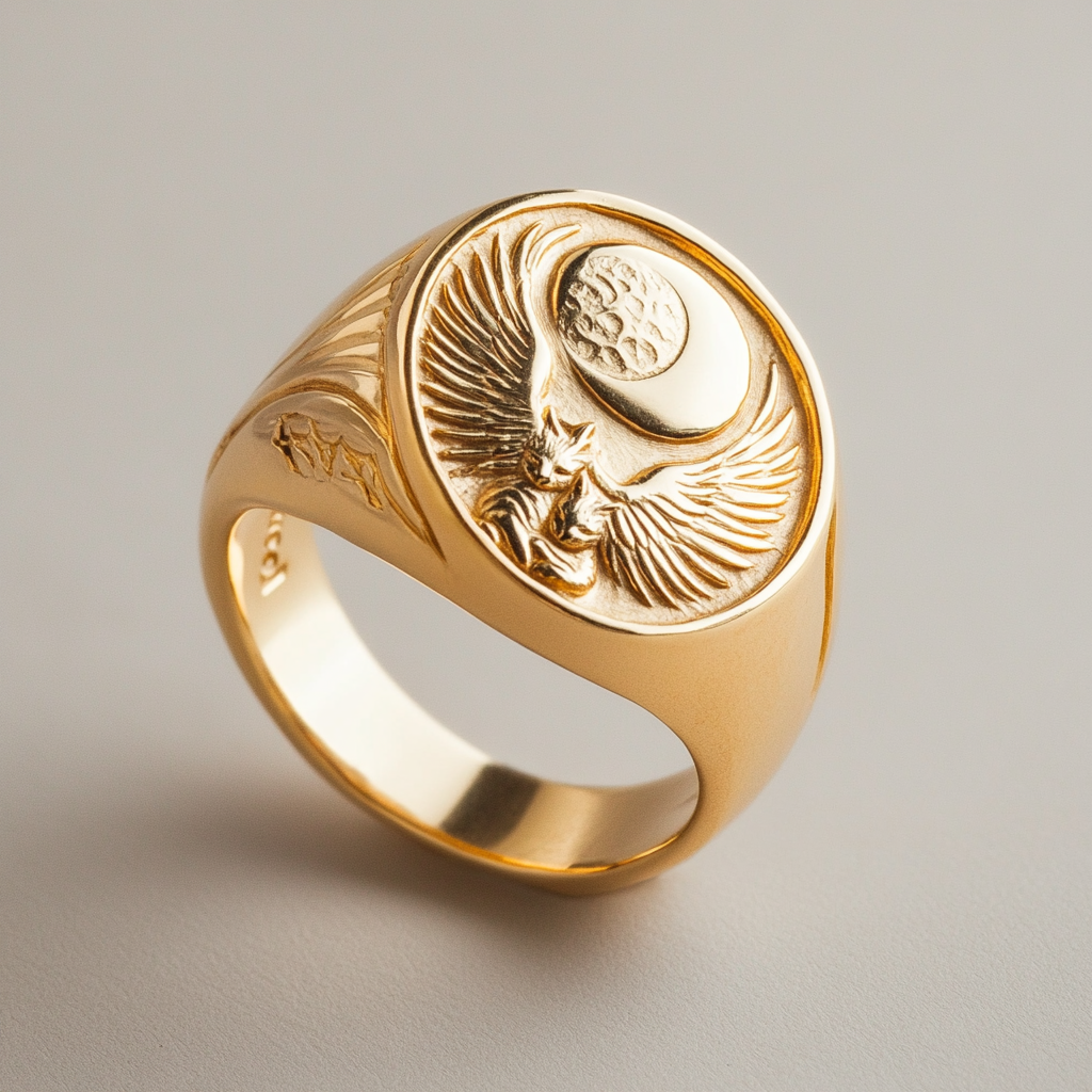 Golden signet ring with sun, moon, wing, cats cuddling.