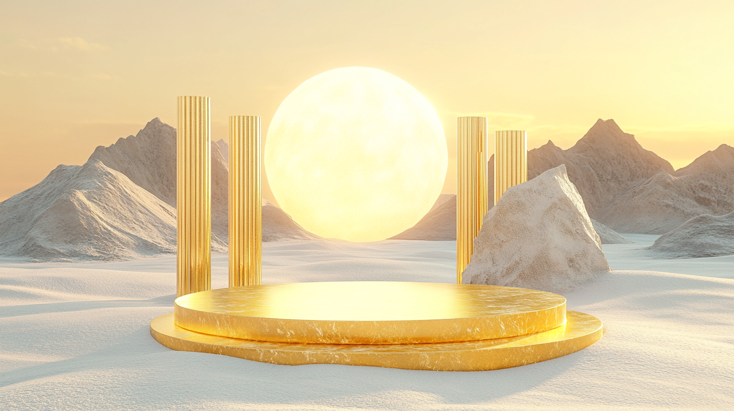 Golden structure with Roman columns under cosmic sunset.