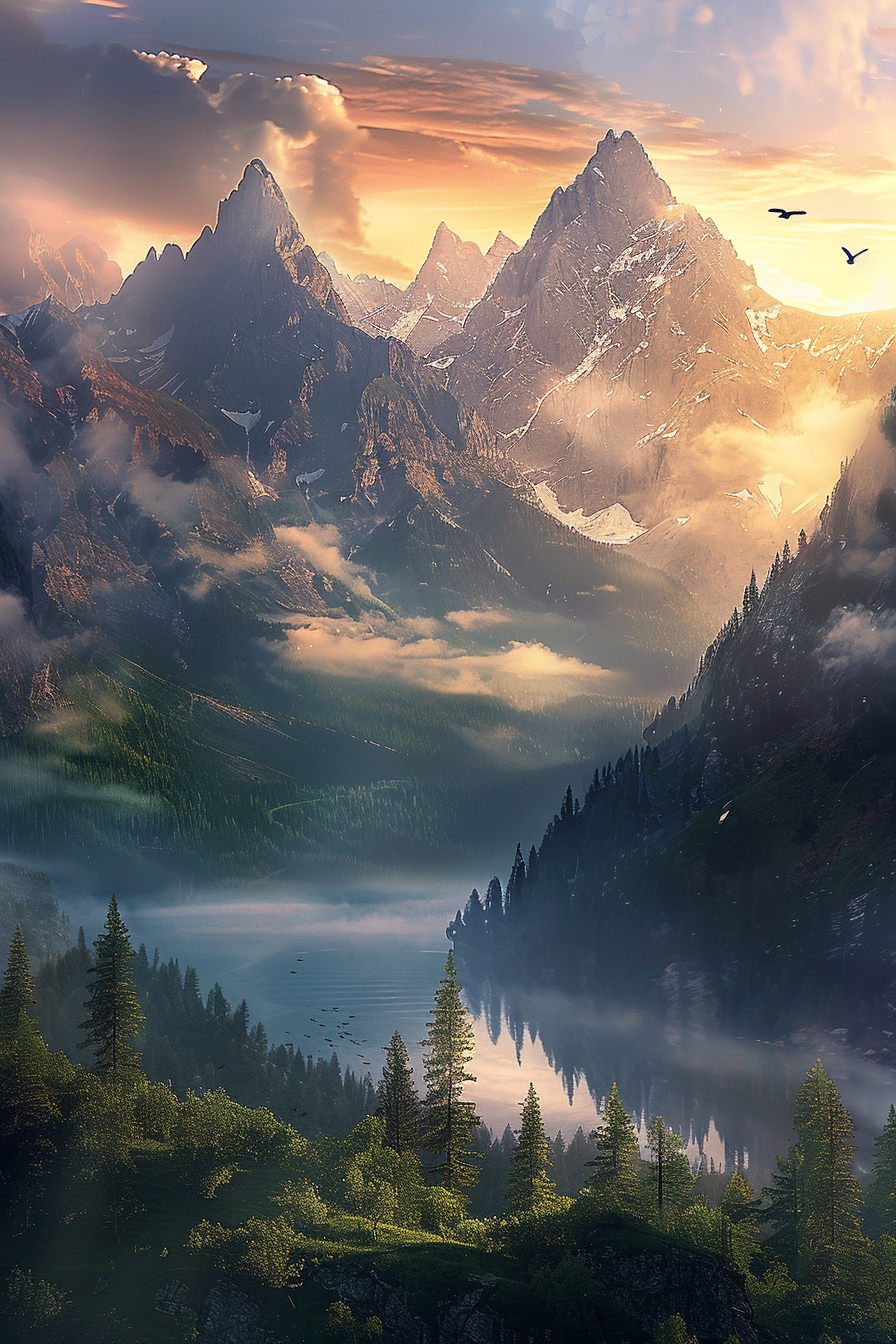 Golden sunrise over majestic mountain range with tranquil lake.