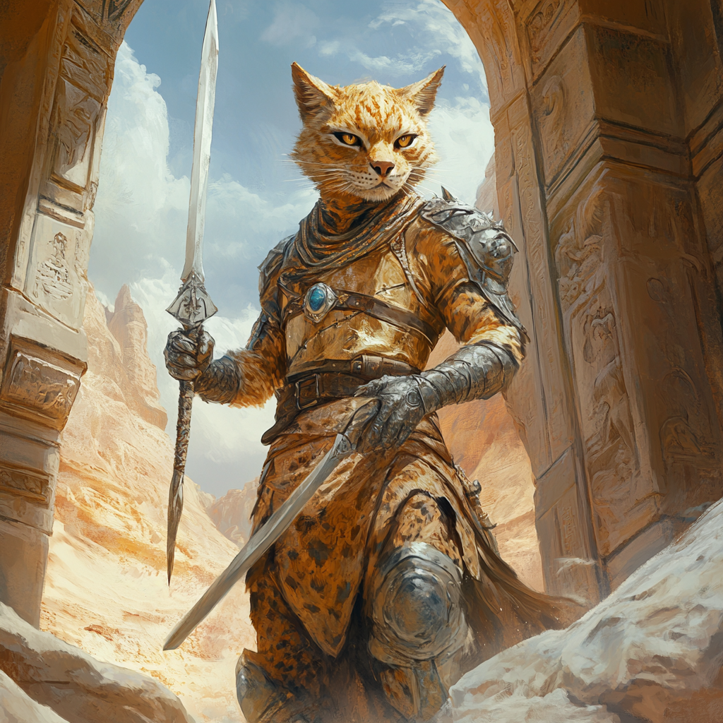 Golden tabaxi warrior protecting sandstone shrine with silver sword.