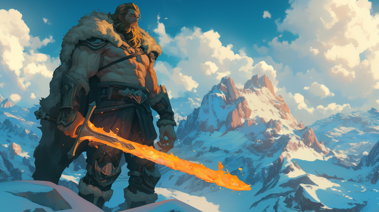 Goliath Warrior on Icy Mountain Peak with Flaming Sword.