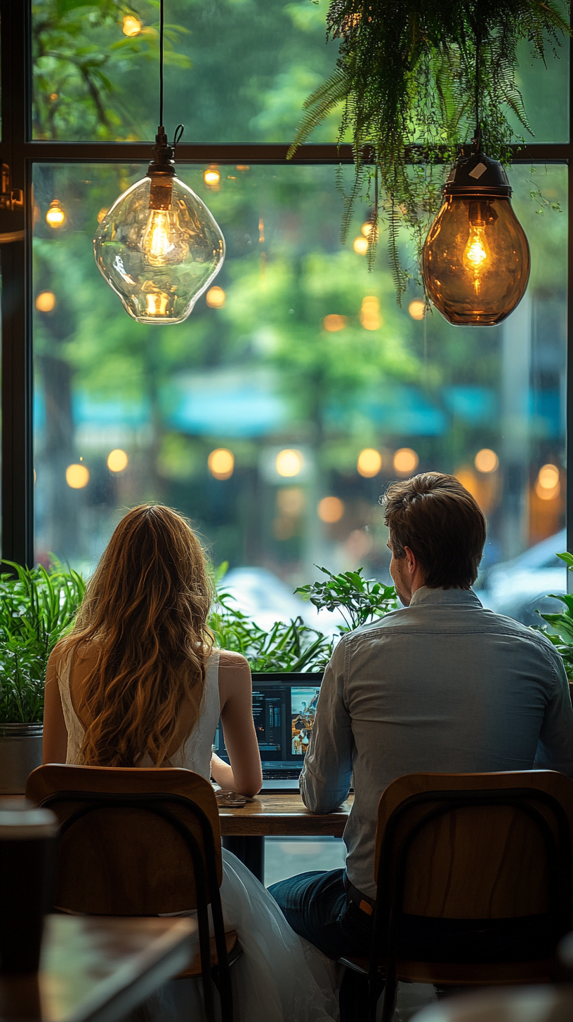 Good-looking models in white dresses drinking coffee at cafe.