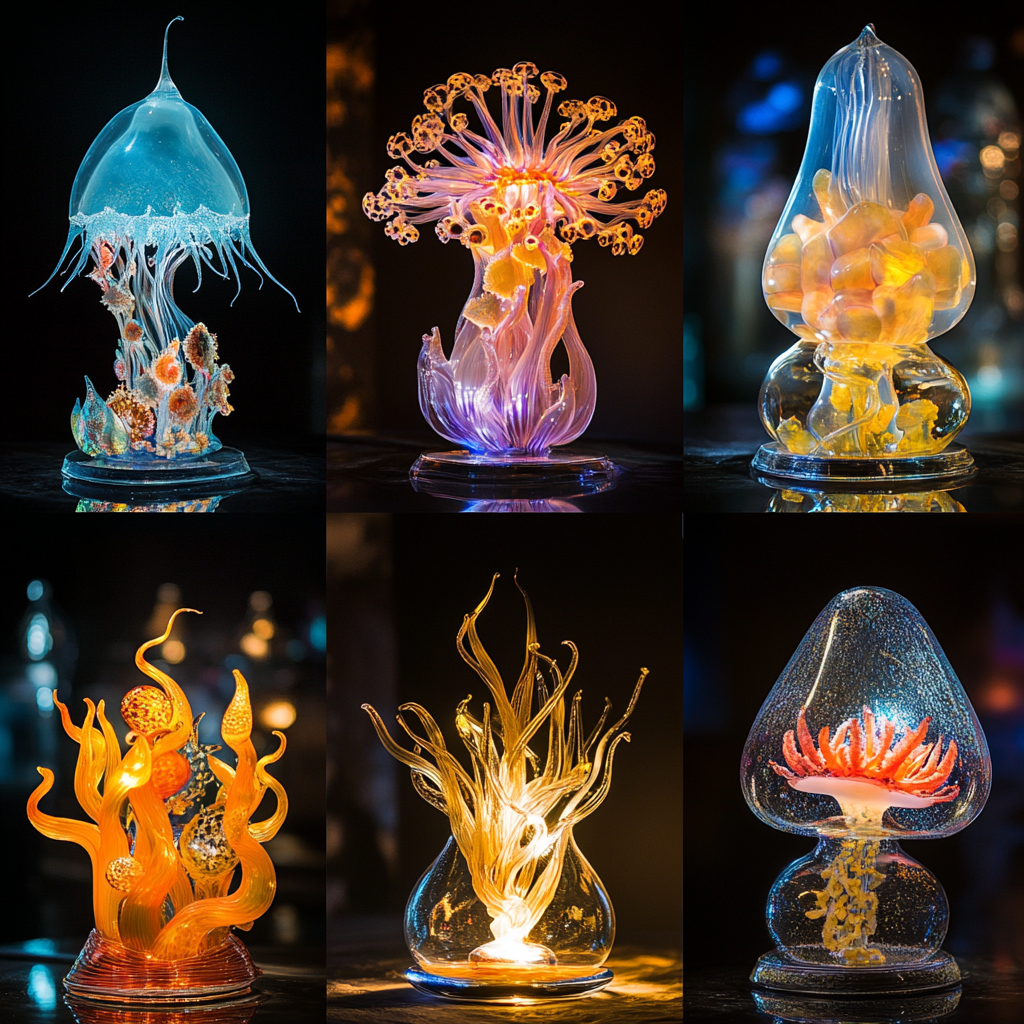 Gorgeous blown glass sea life lamps advertisements.