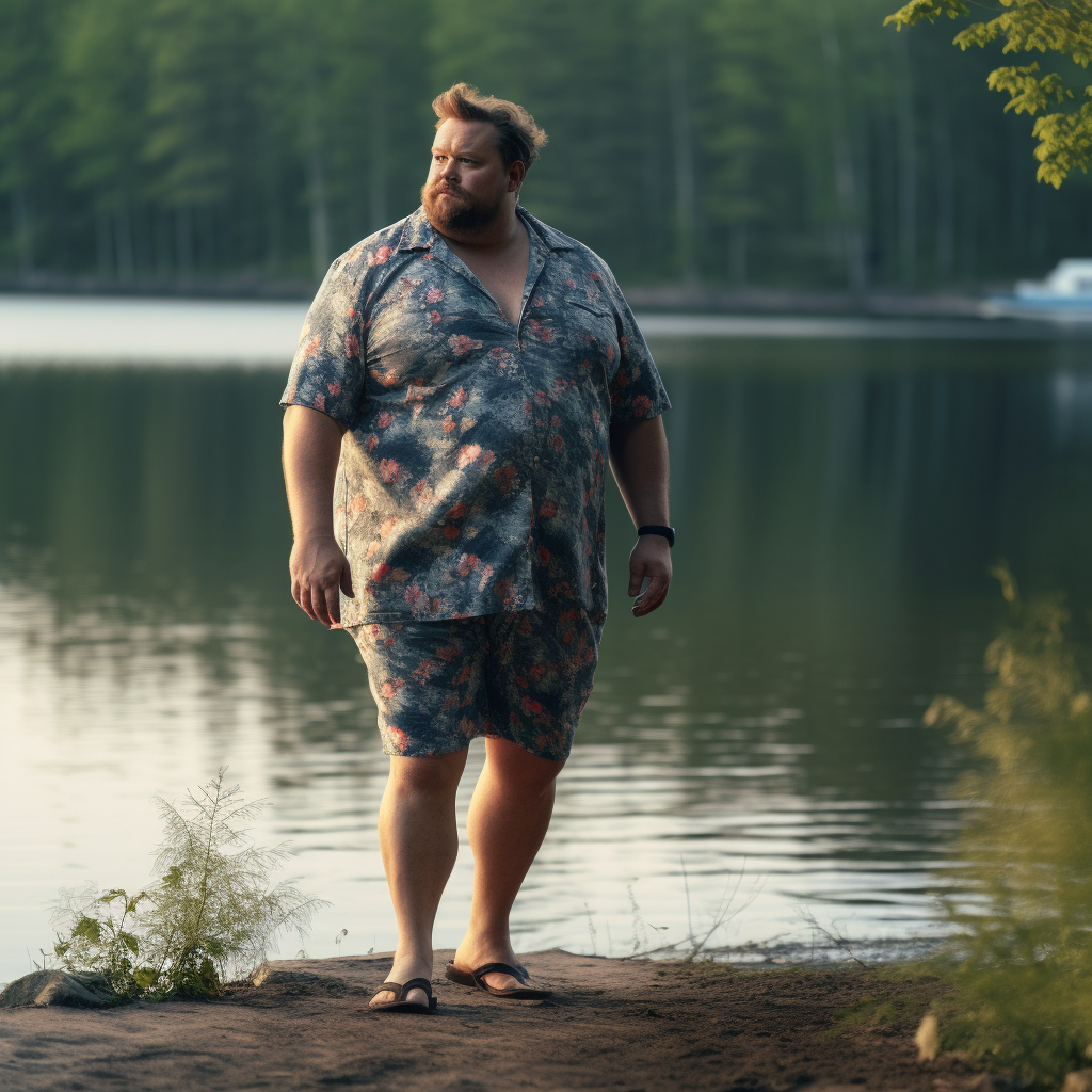 Gorgeous chubby man in floral athleisure by the lake.