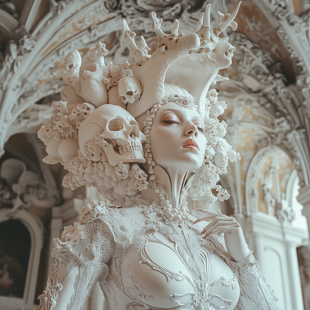 Gorgeous demon with cat skulls, ivory palace interior.