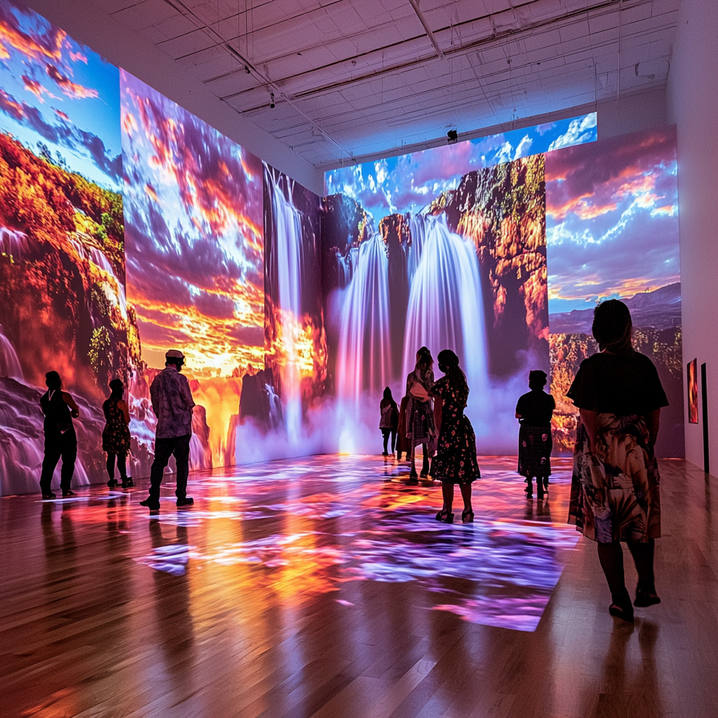 Gorgeous sunset waterfalls in art museum room.