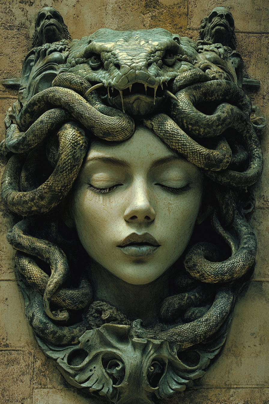 Gorgon with stone figures, serpents as hair, artists' styles.