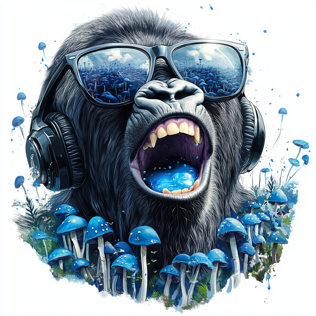 Gorilla drooling blue juice, sunglasses, headphones, mushrooms reflection.