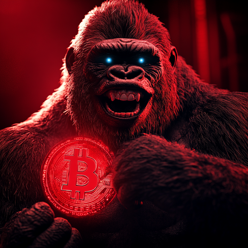 Gorilla holding red 3D bitcoin logo in shadows.