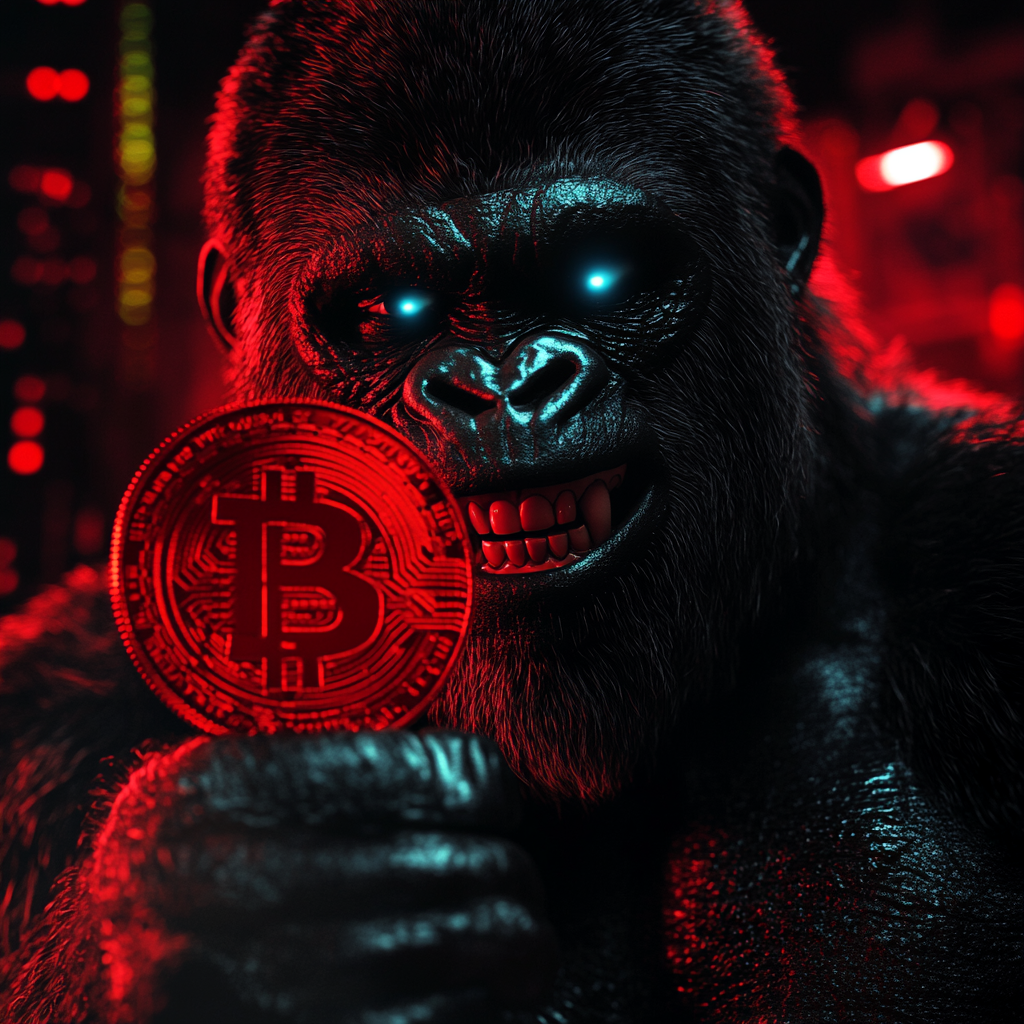 Gorilla holding red bitcoin logo, eyes glowing blue light.