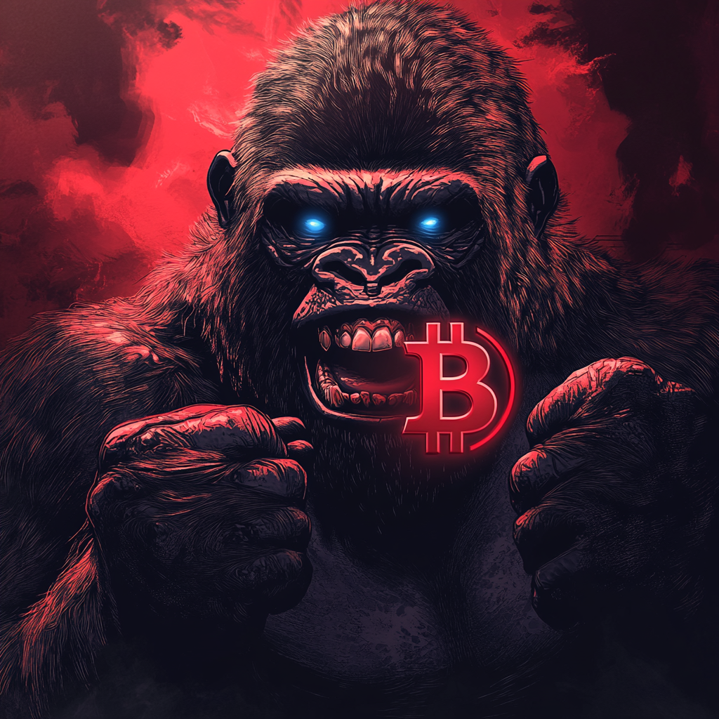 Gorilla holding red bitcoin logo in dark room.