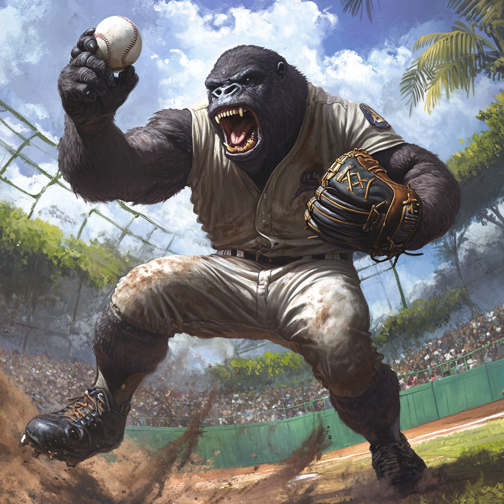 Gorilla pitcher throws strikeout pitch for win