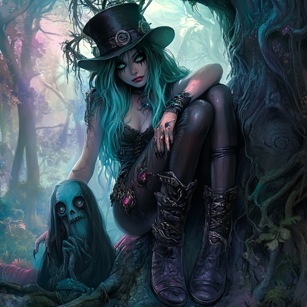 Gothic, kawaii art scene with spooky, eerie vibe.