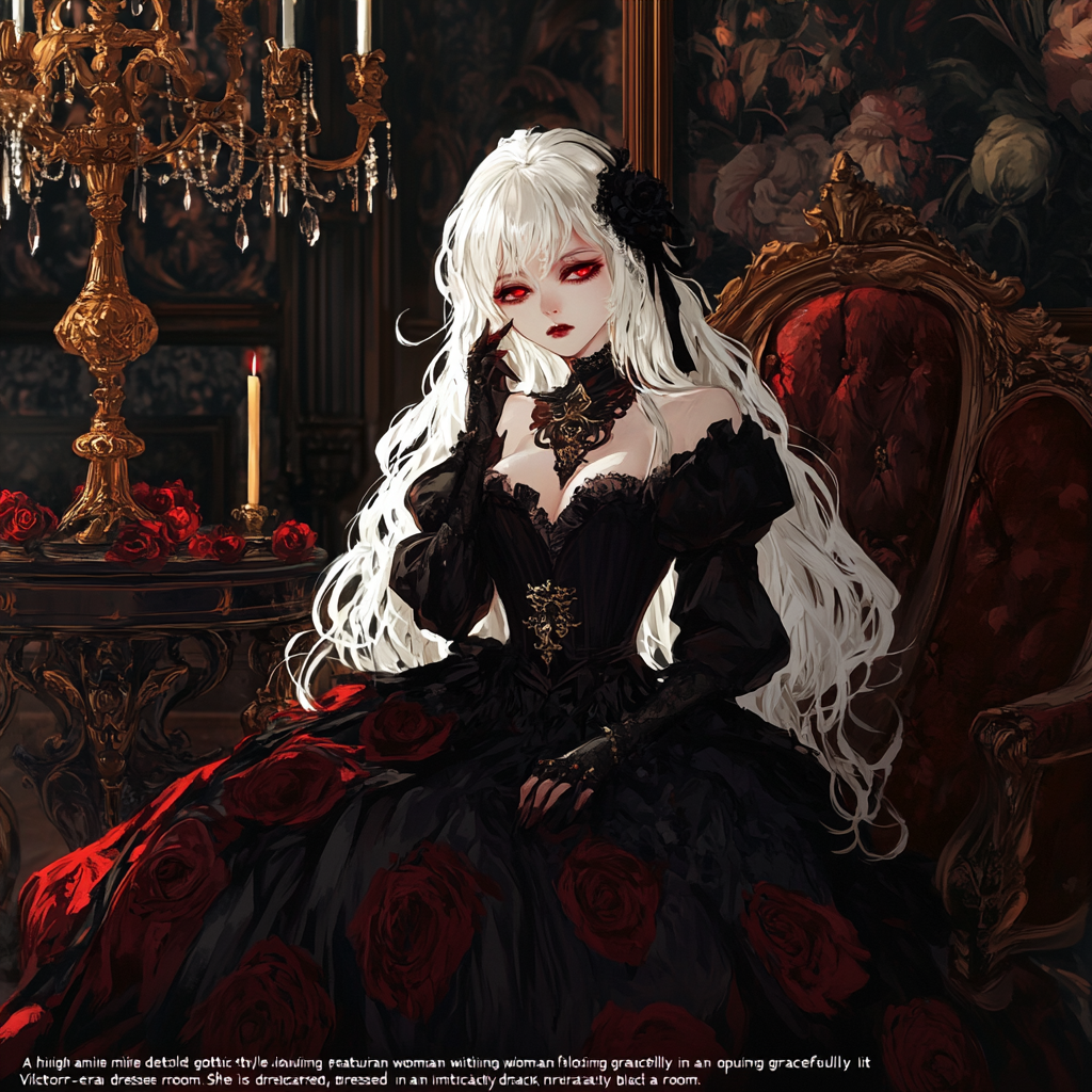 Gothic Anime Illustration: Ethereal Woman in Victorian Room