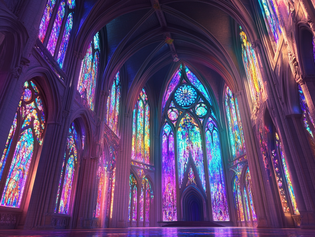 Gothic Cathedral Interior Design with Iridescent Colors 