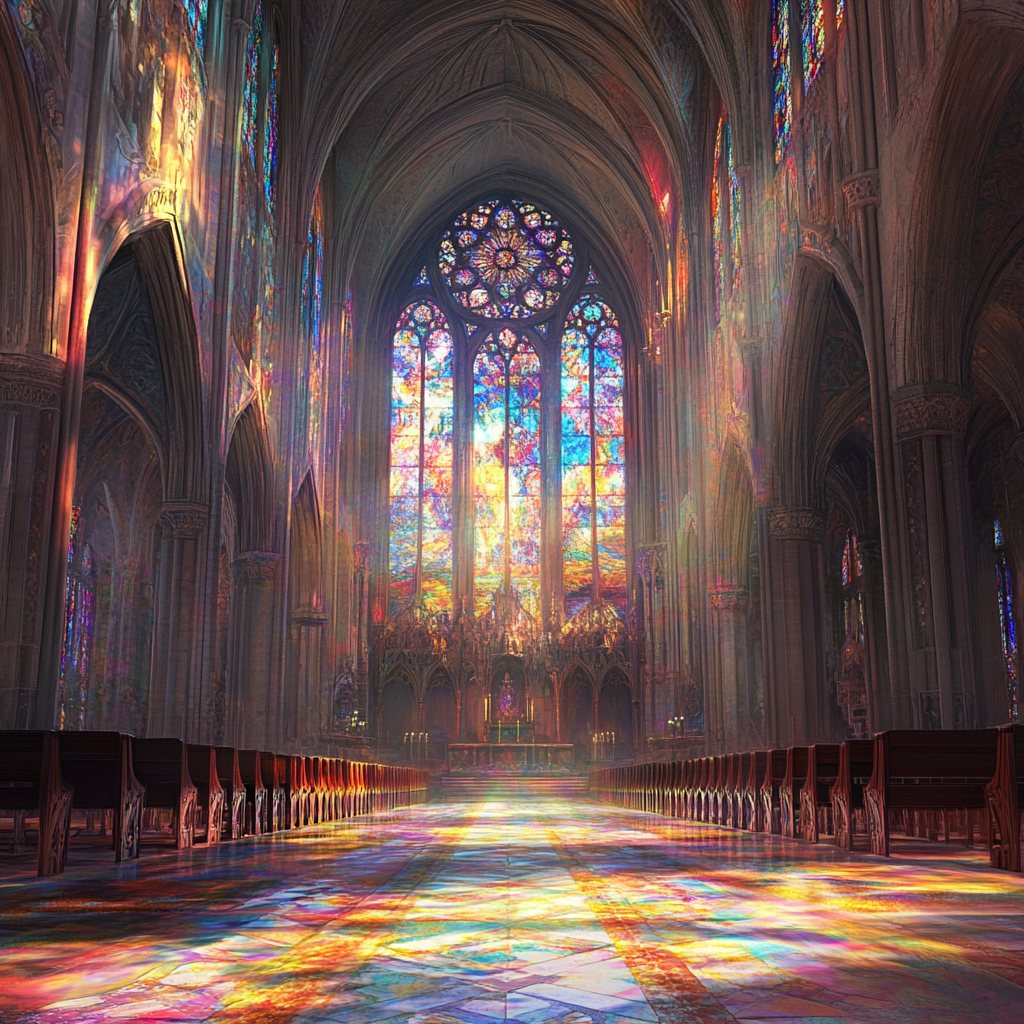 Gothic Cathedral Interior with Stained Glass Windows and Pews