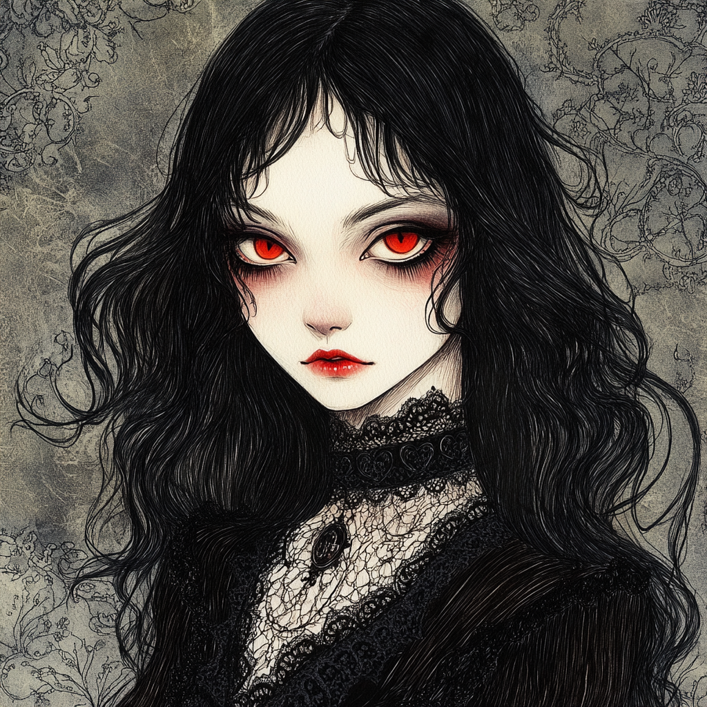 Gothic Girl with Tousled Hair and Red Eyes