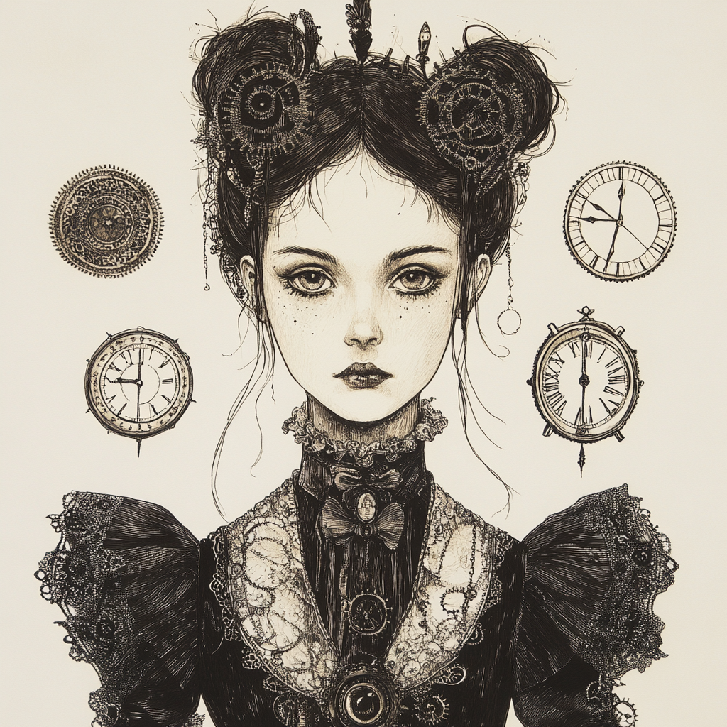 Gothic Young Woman with Clocks and Gears