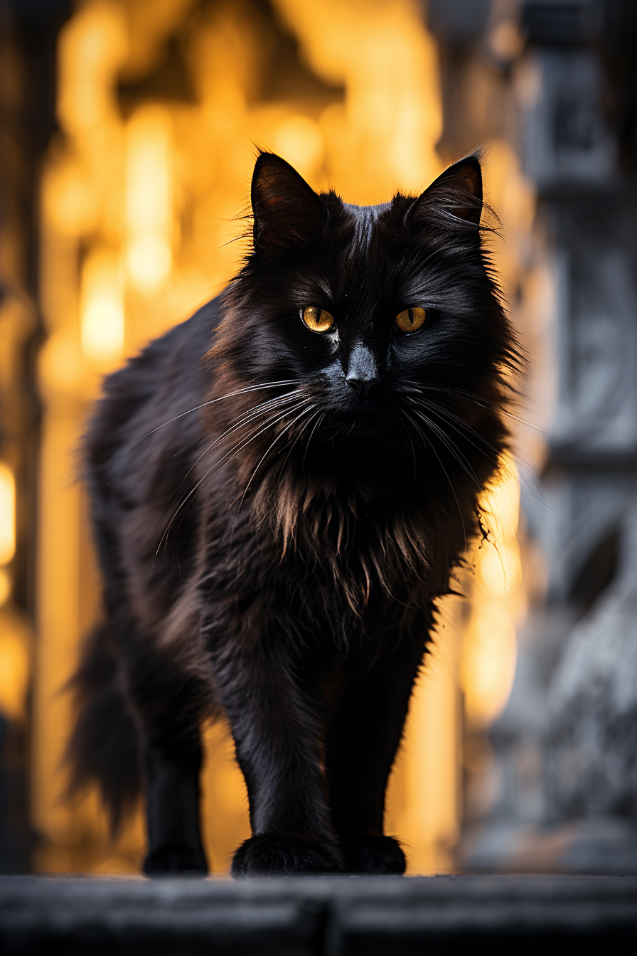 Gothic black cat walking elegantly in dramatic lighting.