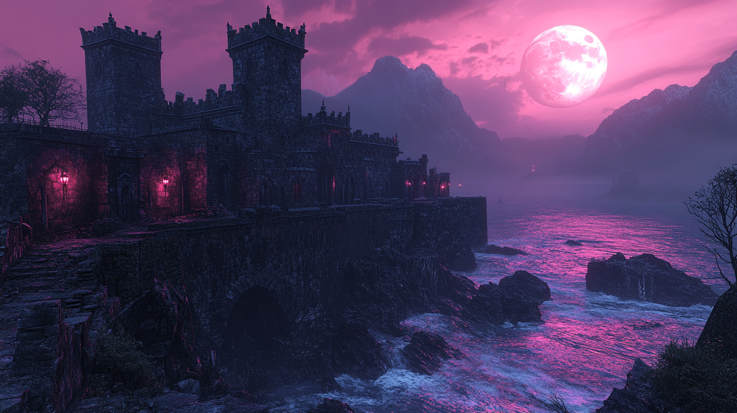 Gothic castle on cliff by turbulent sea.