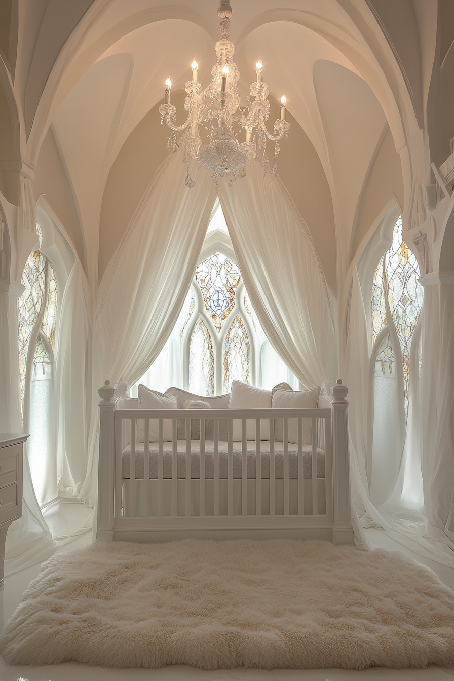 Gothic cathedral-inspired nursery: spire crib, stained glass windows.