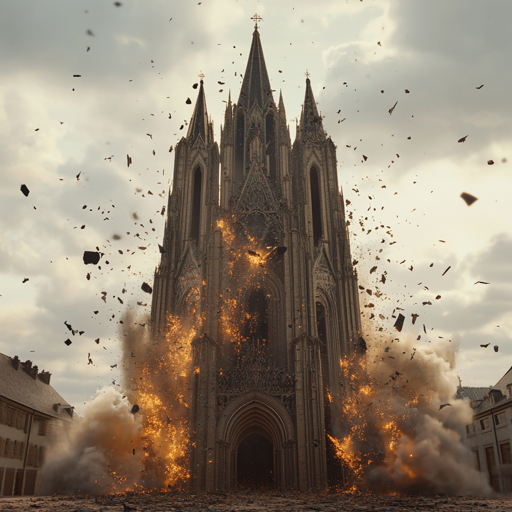 Gothic cathedral levitating above ground, destroyed by shockwaves.