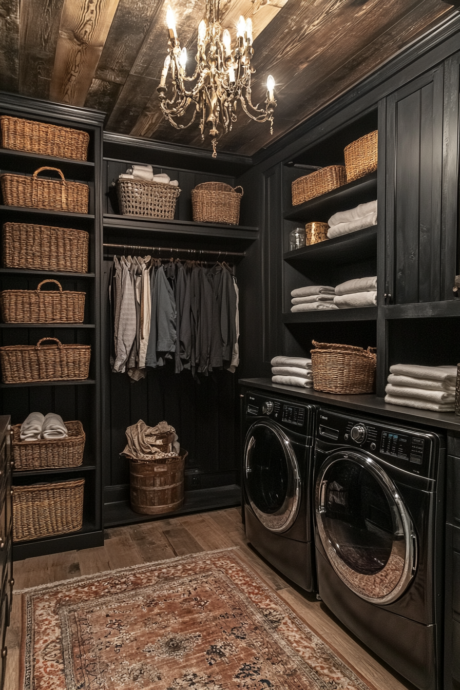 Gothic cowboy laundry room with dark colors and leather.