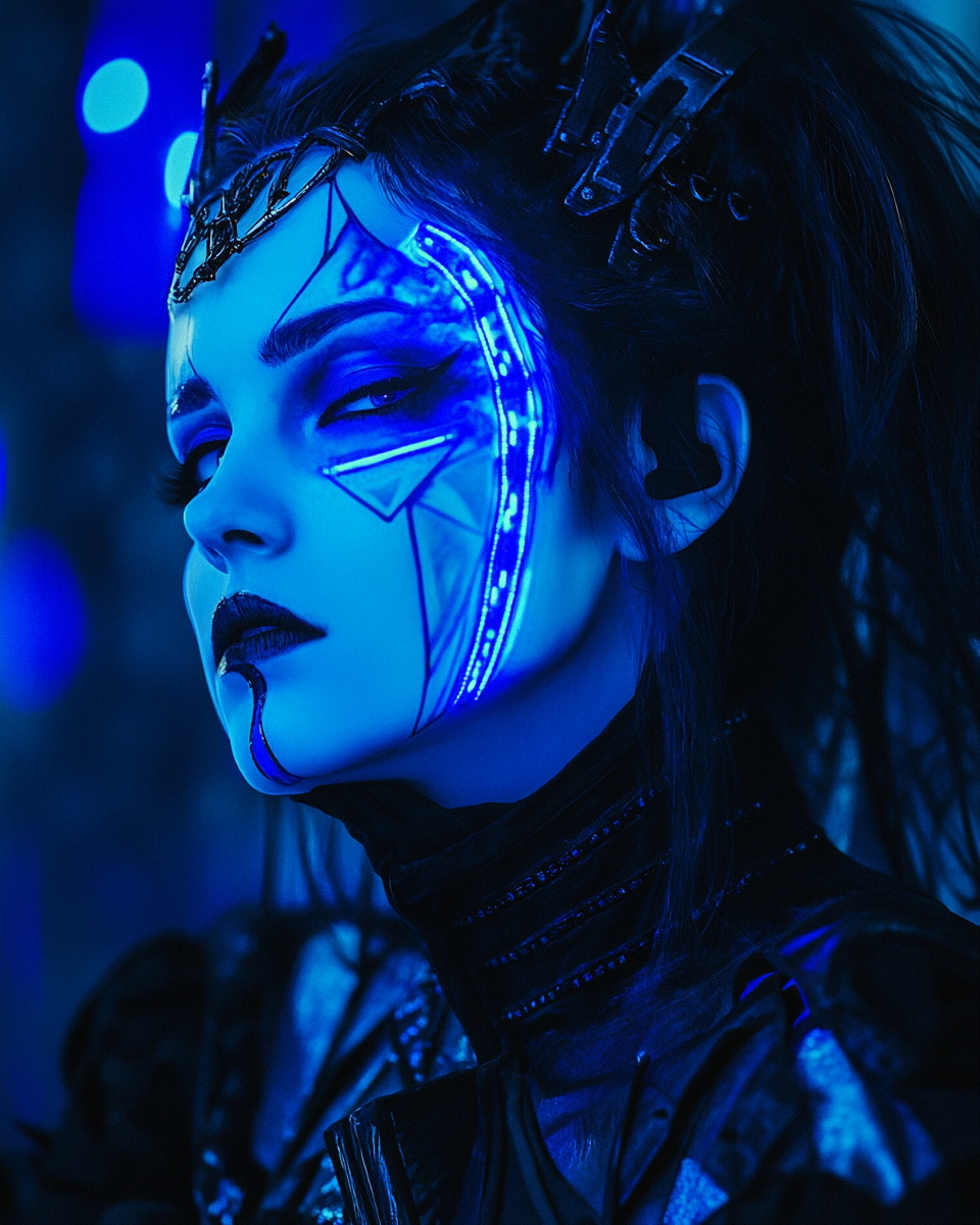 Gothic cyberpunk woman in futuristic neon blue shadows.