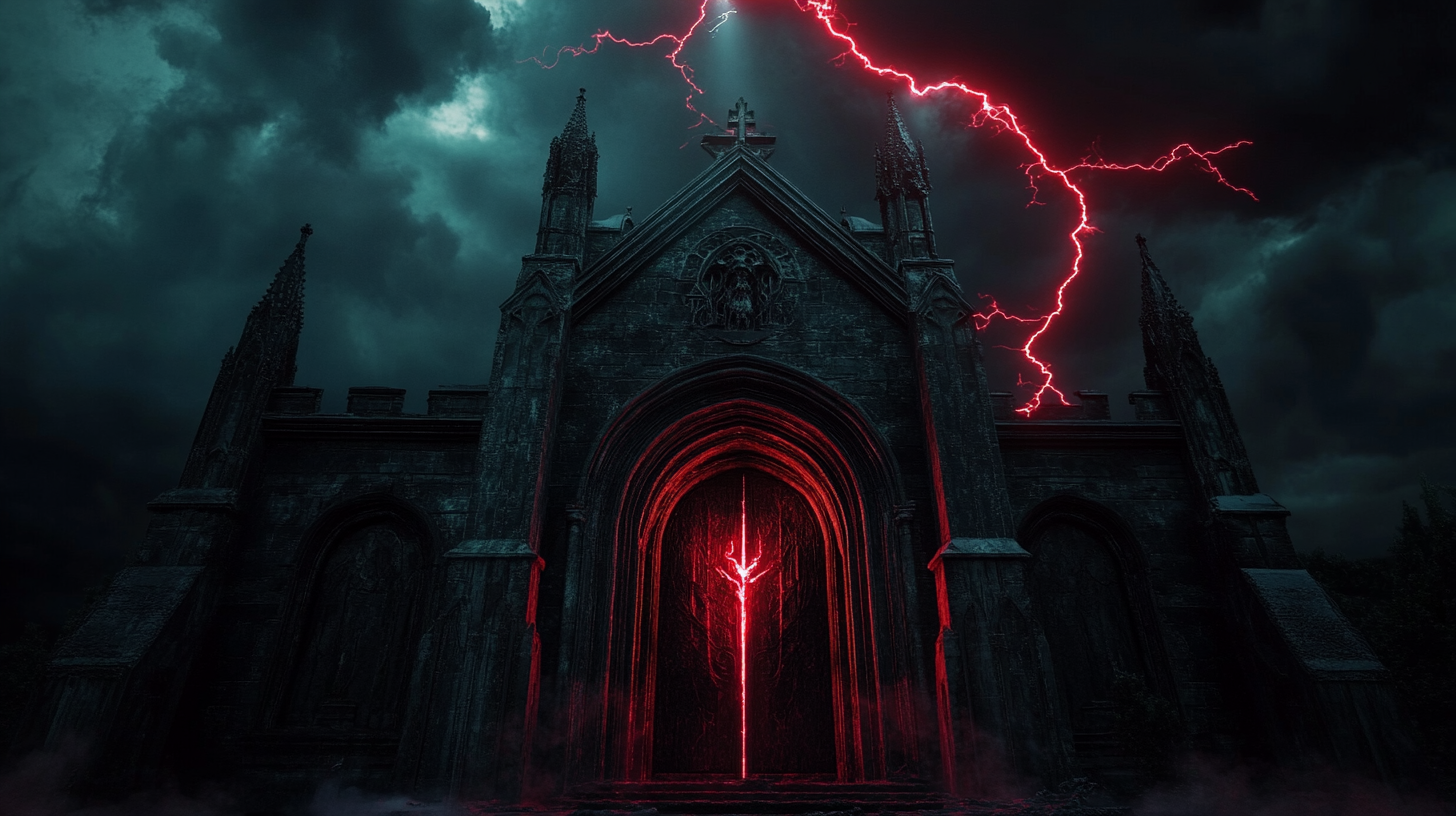 Gothic demon entrance with Manuelino details, red lightning bolt.