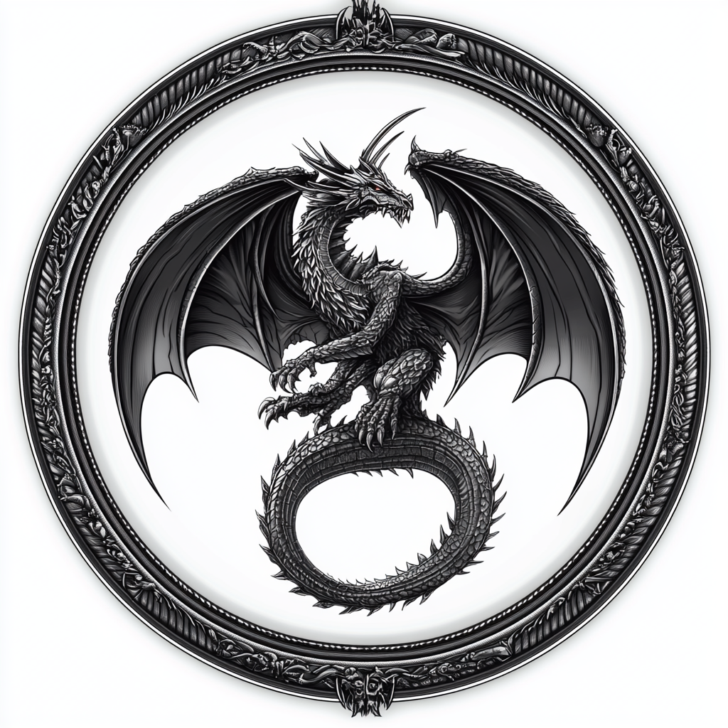 Gothic dragon art in black and white vector style.