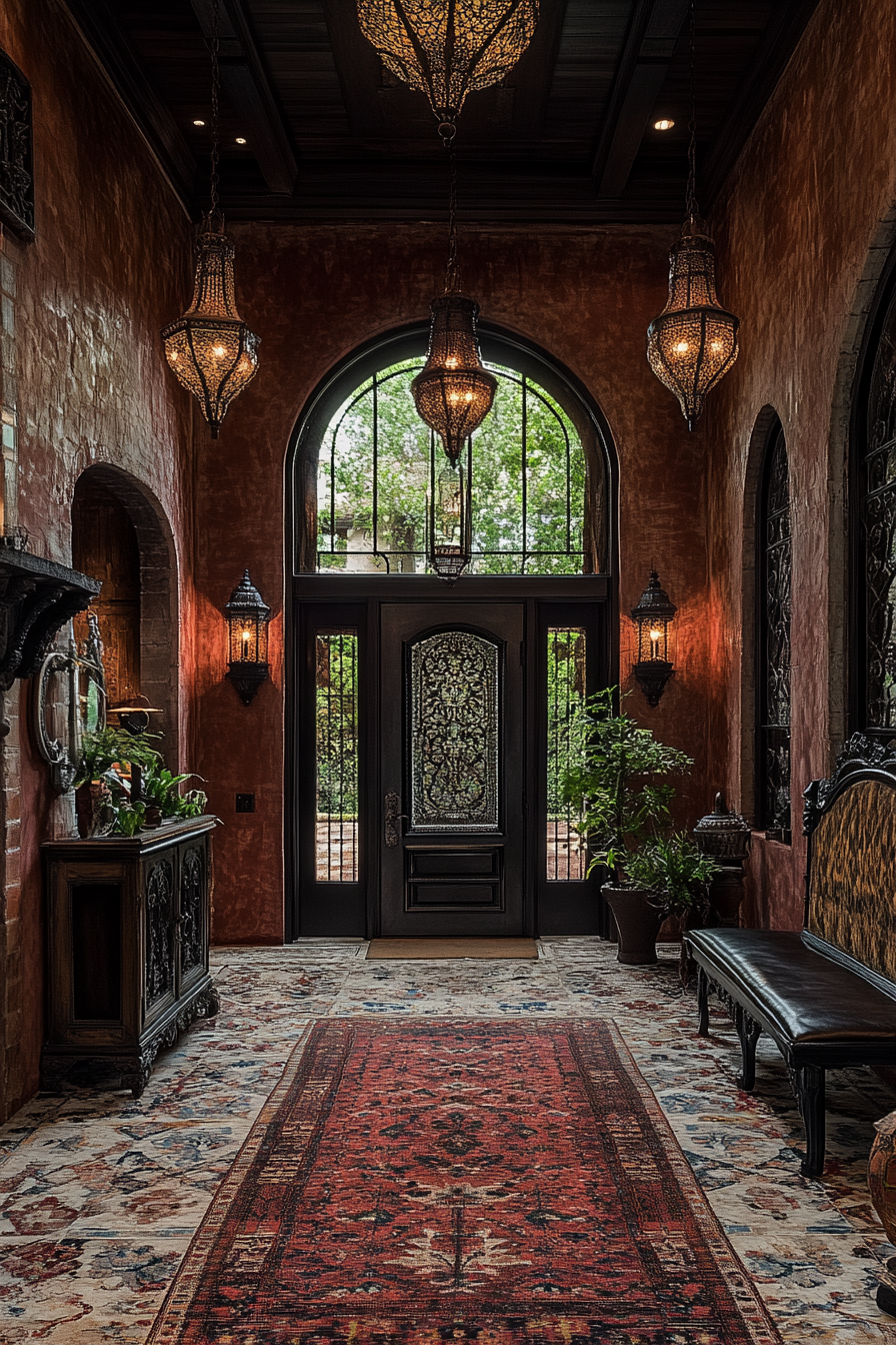 Gothic entryway with swinging pendulum pendants and rich tapestries.