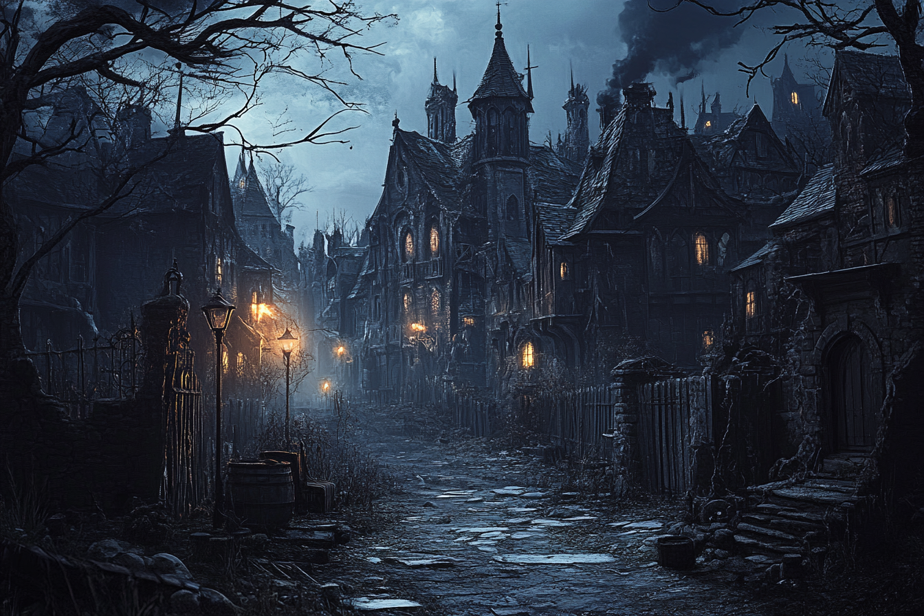 Gothic evil town with horror art style details.