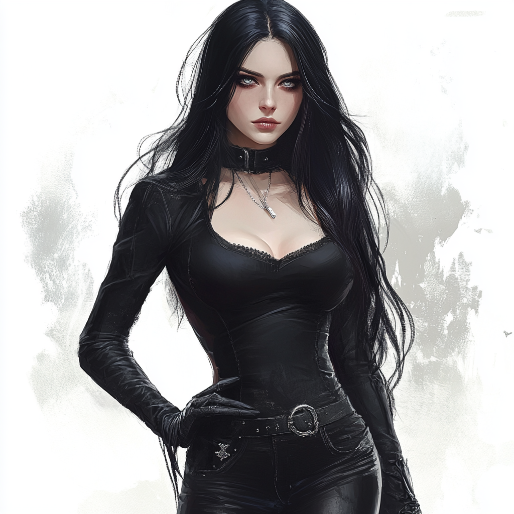 Gothic female vampire with long black hair.