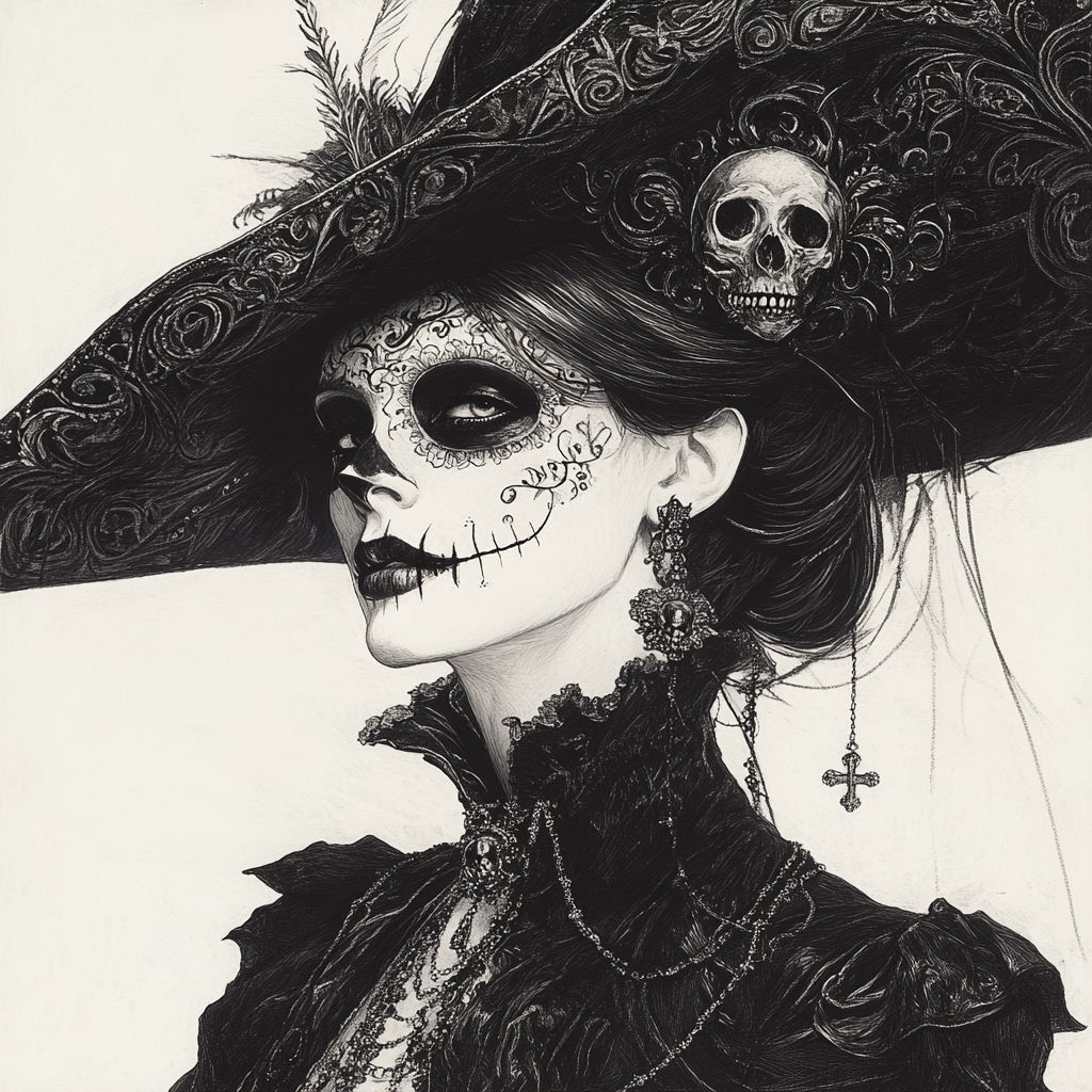 Gothic figure in ornate attire with skull motif