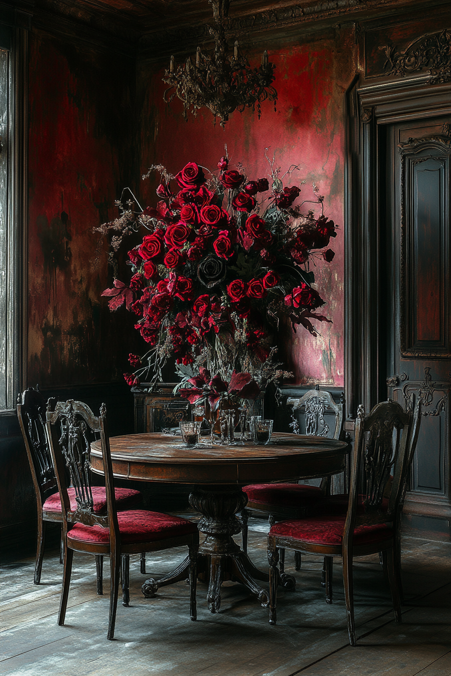 Gothic floral arrangement with black roses and wilted lilies.