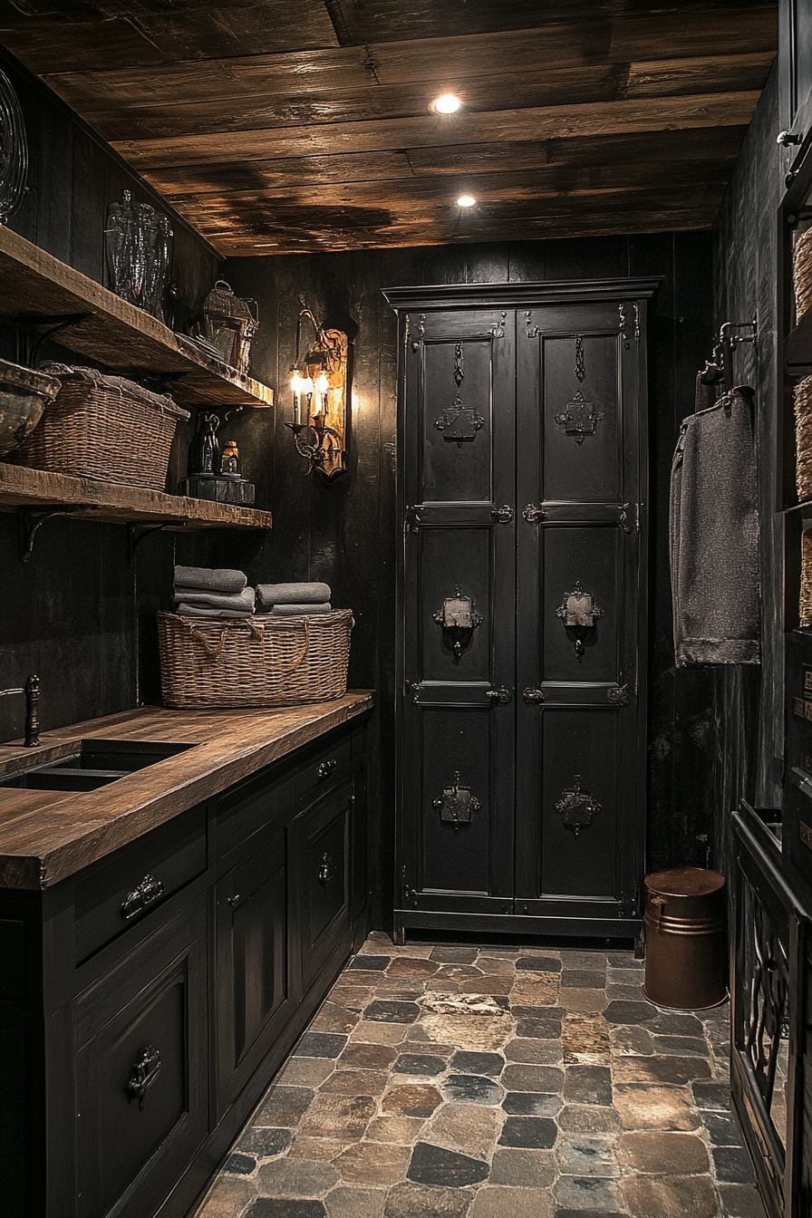 Gothic laundry room with steel cabinets, iron fixtures, chandelier.