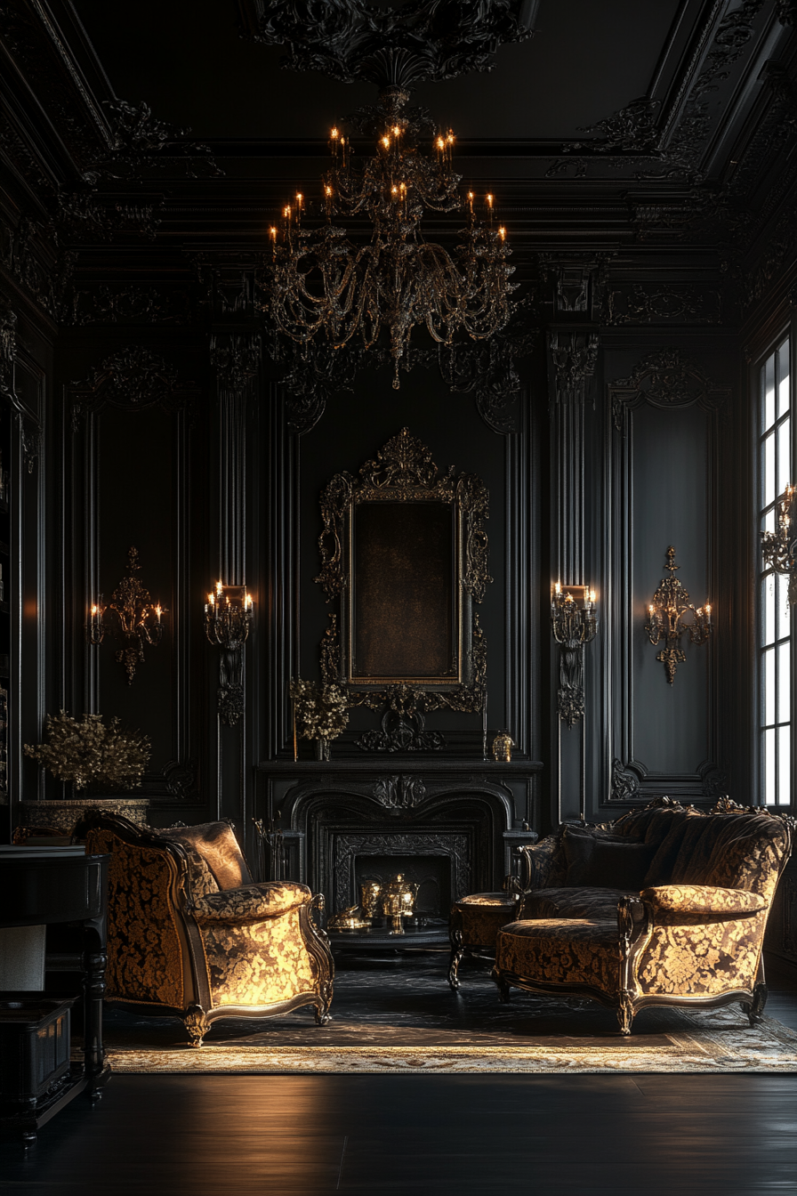 Gothic living room with opulent gold accents and lighting.