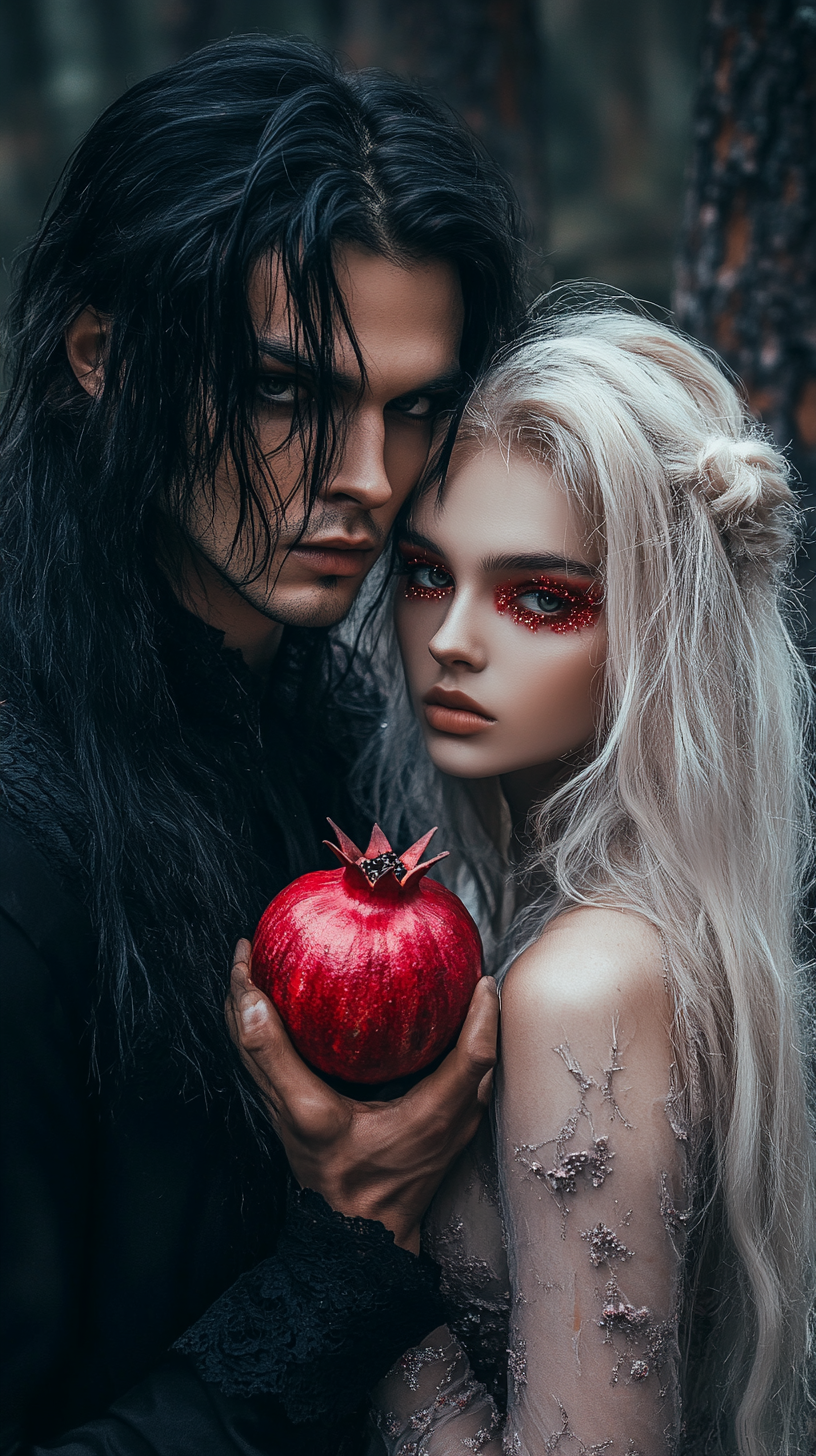 Gothic man and innocent woman with pomegranate in woods.