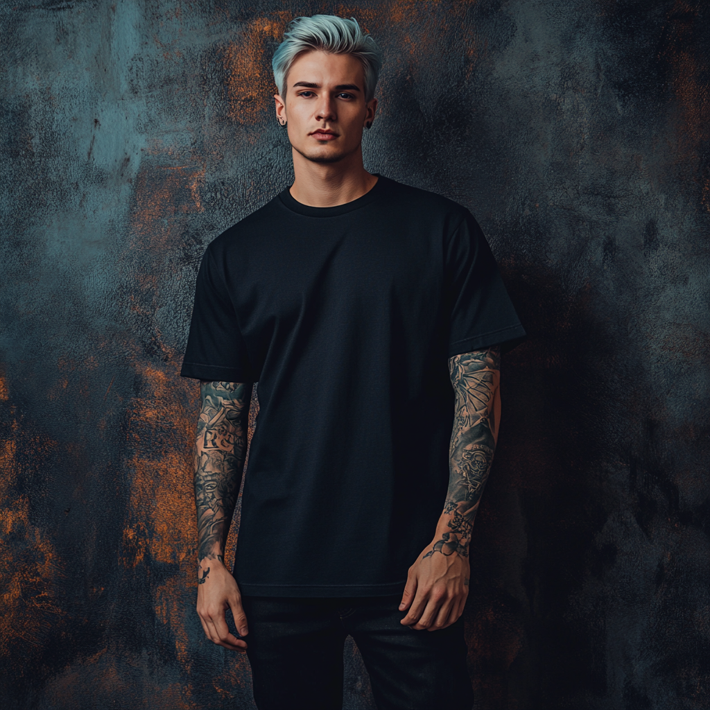 Gothic man in black T-shirt mockup, tattooed arms. Textured fabric.