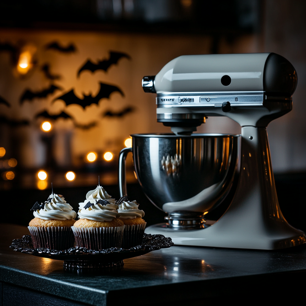 Gothic steampunk mixer with haunted cupcakes and bats