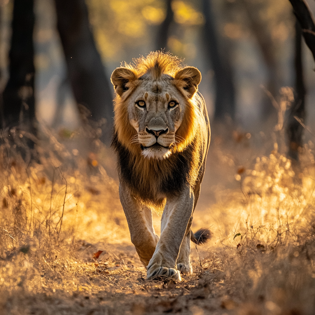 Gouache painting of Asiatic lion in Gir National Park