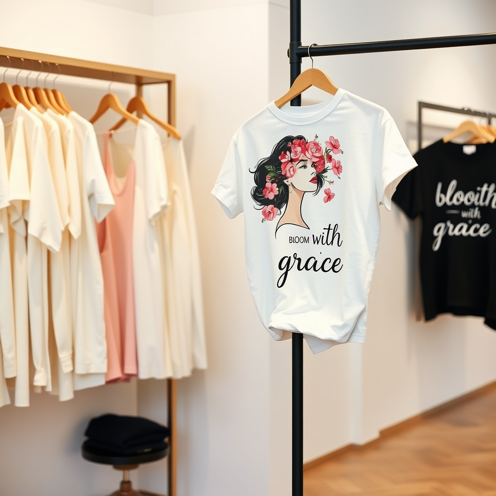 Graceful Bloom T-shirt displayed in simple store.